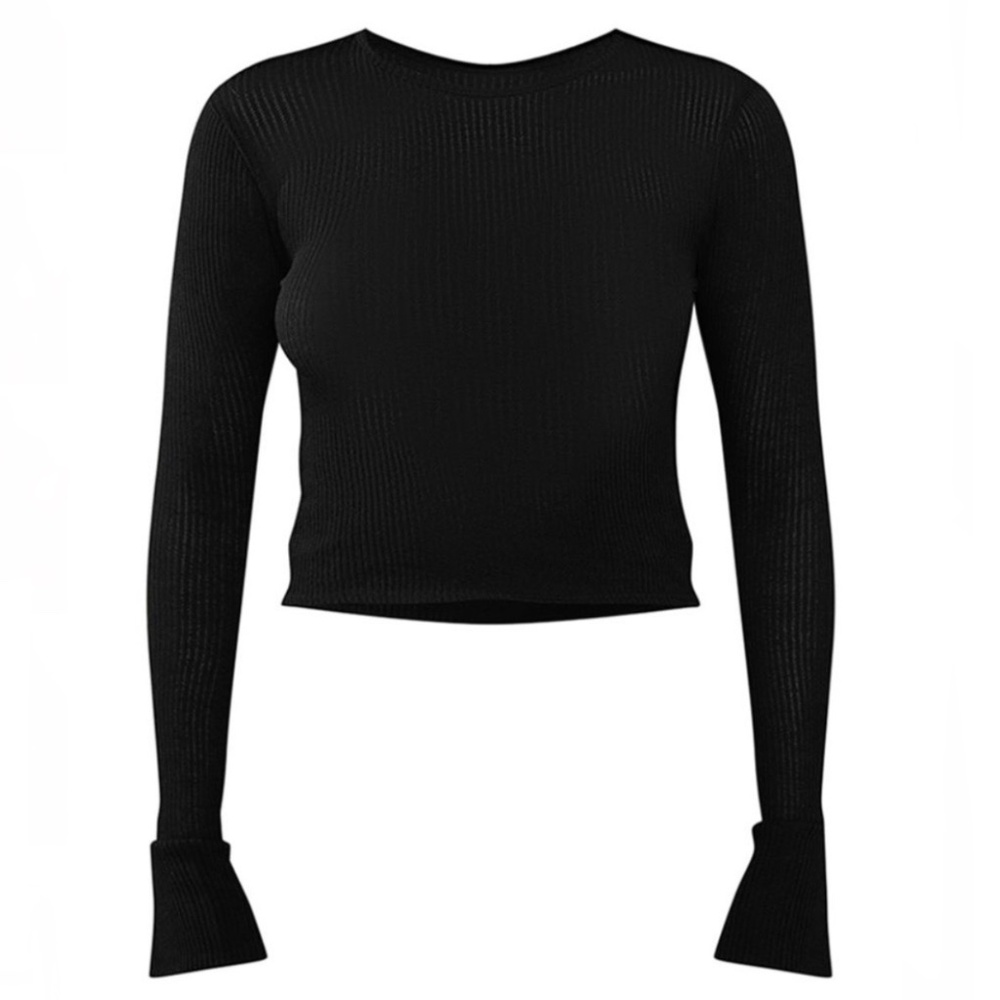 1106 NWT PrettyLittleThing Soft Rib Flared Sleeve Top - Size 0 - Black - Picture 3 of 11